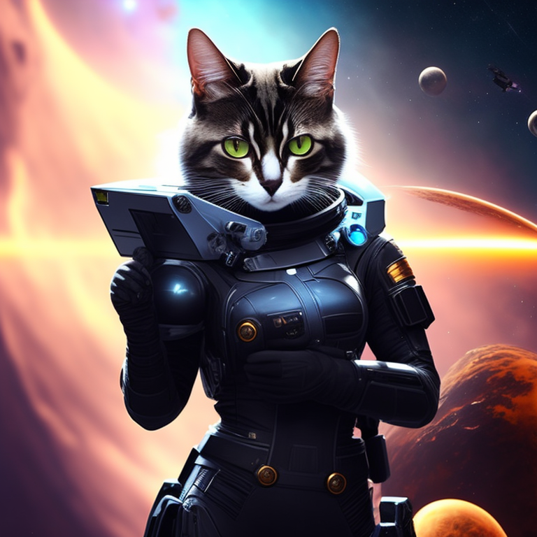 meaty-parrot287: cat holding pc in space, trending on artstation game art,  concept art person perspective, made by cgsociety, artstation people  perspective, highly detailed, ray tracing, nvidia, ray tracing game  screenshot