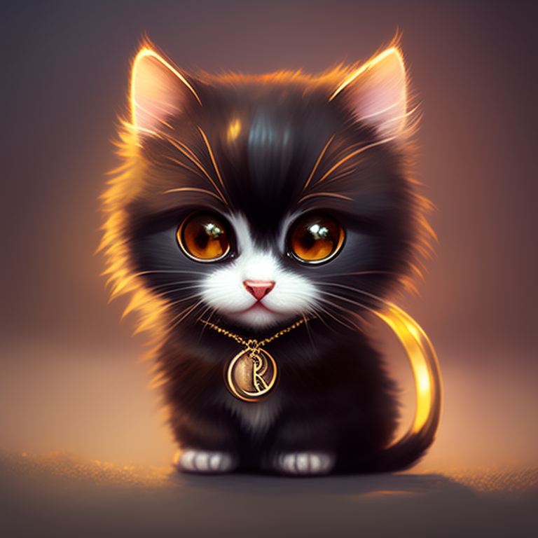 very cute tiny, A cat with long hair with necklace pendant letter b, rim lighting, adorable big eyes, small, By greg rutkowski, chibi, Perfect lighting, Sharp focus
