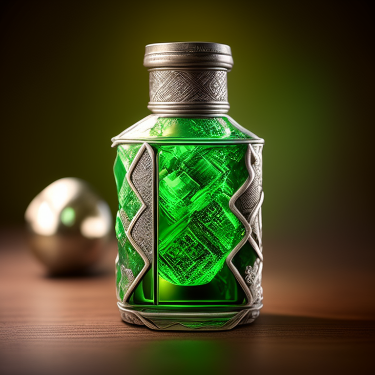 Green potion in a silver vintage bottle , Magic design, Crystal, Caustics, On a wood table, Canon 50mm, Bokeh, Dark cinematic lighting