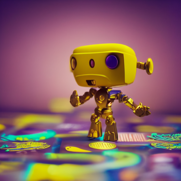 Funko Pop, Action figure, Small Robot with logo Crypto currency  in his belly, Studio product photography, Vivid background colors, Isometric studio lighting, Highly detailed