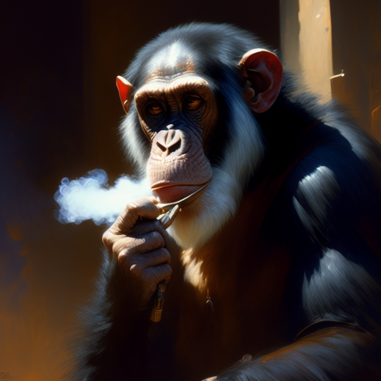 Chimpanzee smoking cigar, painting by gaston bussiere, Craig Mullins, Greg Rutkowski, alphonse mucha andreas rochan'the wall withdraws, Sharp, Detailed