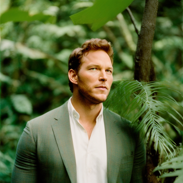 Analog style, Close-up, Portrait, Chris Pratt in a jungle portrait, Beautiful composition
