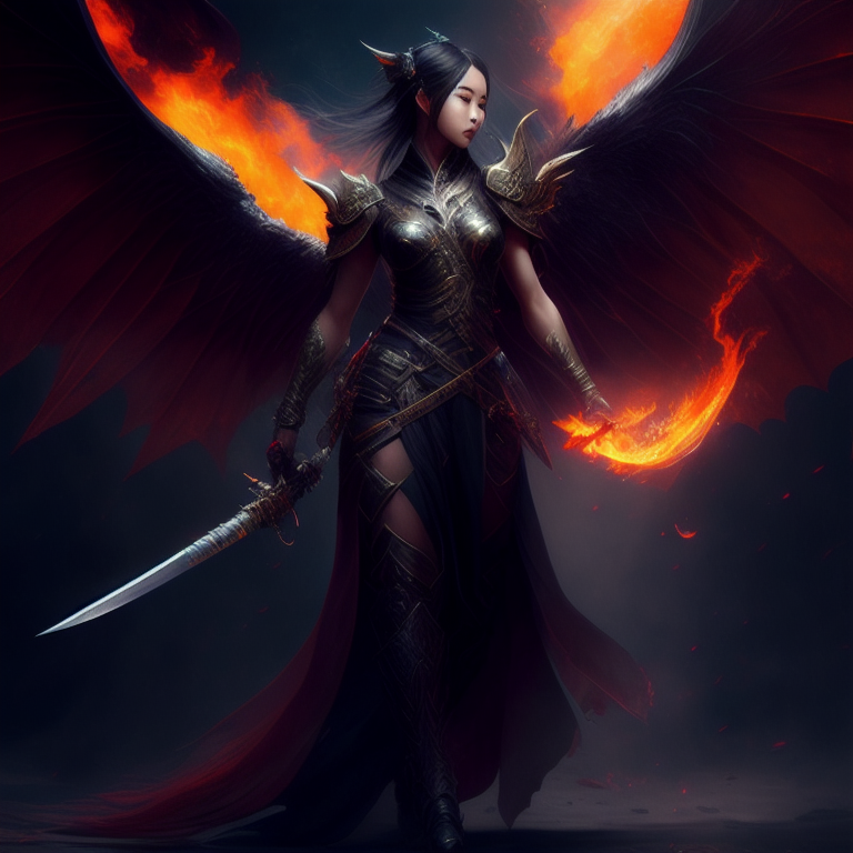 a winged, half-dragon girl with a long katana and flames