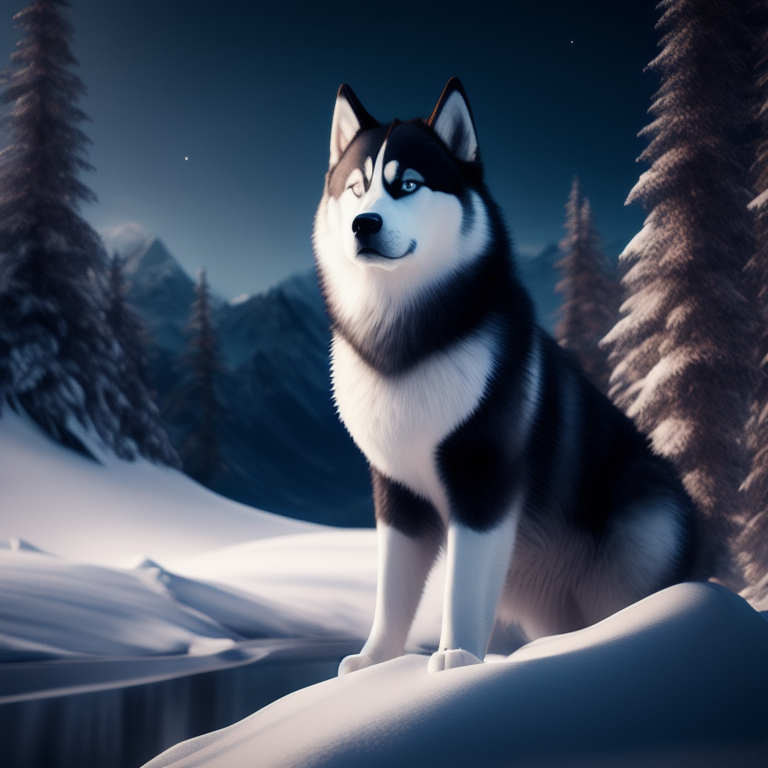 Husky and wagging tail with snow mountain background, Fantasy, Cinematic lighting, Octane render, Photorealistic, Artstation, 4k-1, 4k hd-1, 4k hd-1, 