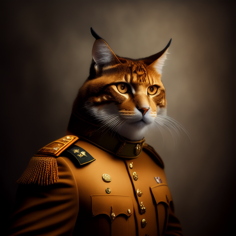anthropomorphic, Big orange cat in army uniform , animal head on a person, serious, wearing elaborate military general uniform, Professional, Studio photo, Portrait, medium by Louis Daguerre