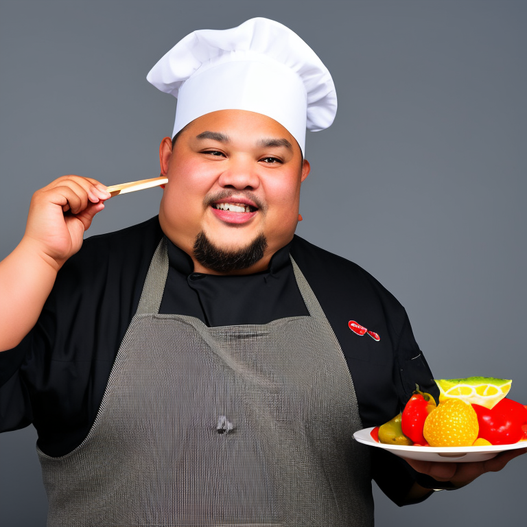 Fat funny malaysian chef cooking with big hat and hand showing mini love with plain background