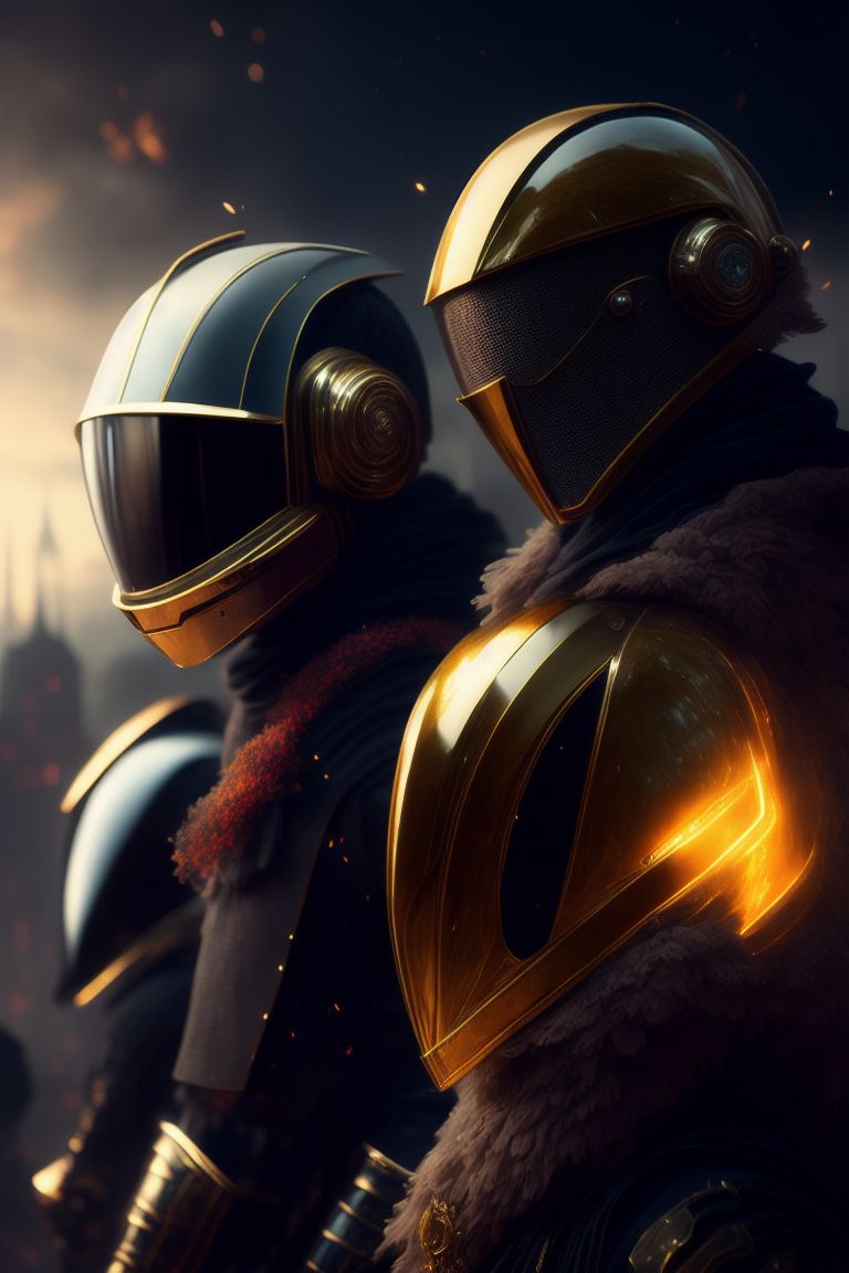 a renaissance painting of daft punk in the 15th century, Epic, exciting, wow, Cinematic, moody, Hdri, lens flare, exciting, stop motion, Highly detailed, Octane render, Soft Lighting, celestial, Professional, 35mm, zeiss, Hasselblad, fujifilm, arriflex, imax, Trending on Artstation, artstationhd, artstationhq, 4k, 8k