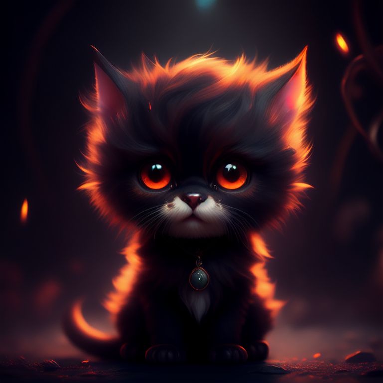 very cute tiny, A cute demon cat, rim lighting, adorable big eyes, small, By greg rutkowski, chibi, Perfect lighting, Sharp focus