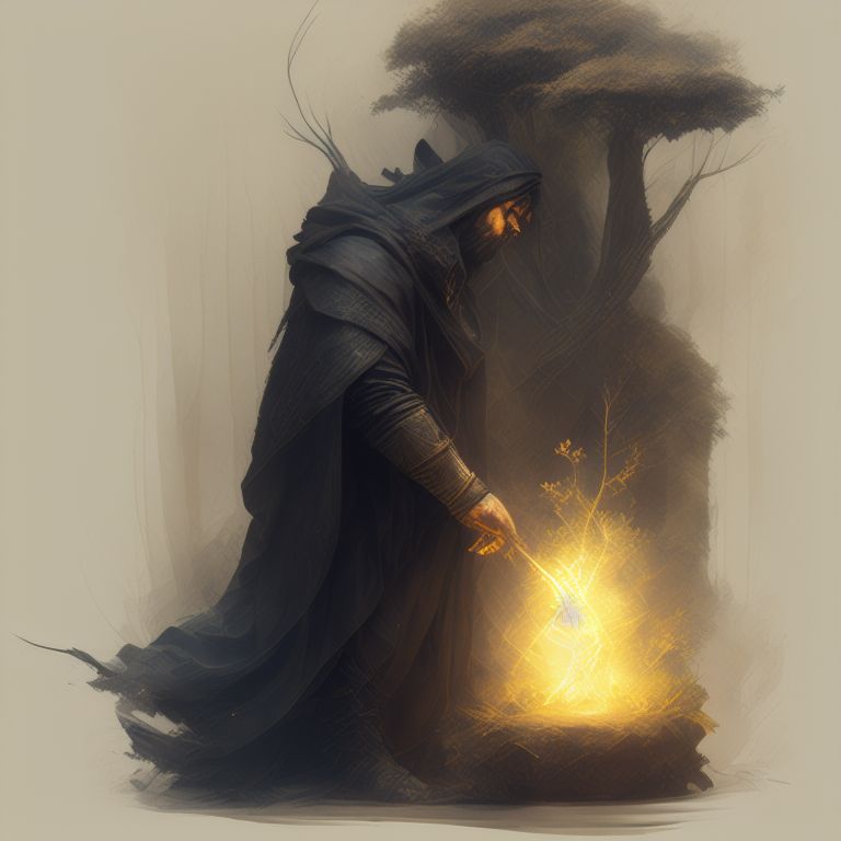 Sorcerer casting a spell to grow a forest, Concept art, Sketch, Dark fantasy, Detailed, Masculine, Muted colors, Strong, Extremely textured, Golden ratio composition, Foreground in focus