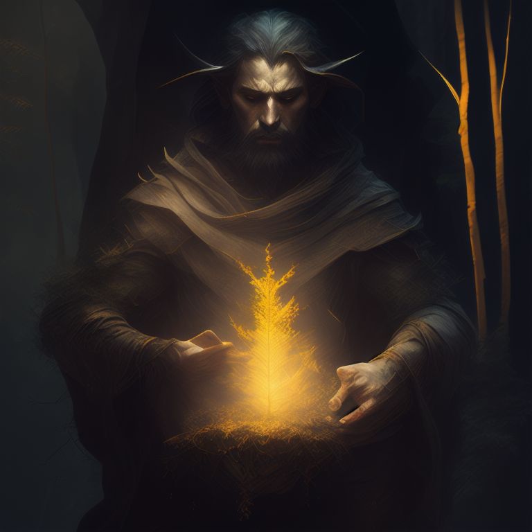 Sorcerer casting a spell to grow a forest, Concept art, Sketch, Dark fantasy, Detailed, Masculine, Muted colors, Strong, Extremely textured, Golden ratio composition, Foreground in focus