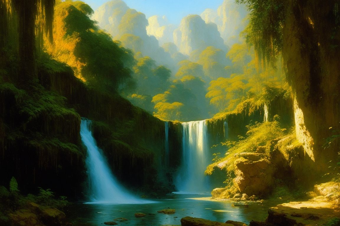 straightbat124 minimalistic oil painting of waterfall in the jungle