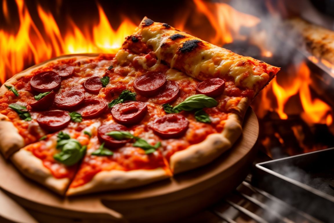 Kizare realistic slice of pizza with smoke, by Paolo Rivera, (fire in oven), wood burning stove