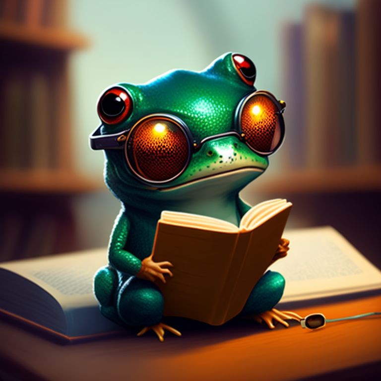 very cute tiny, cute tiny frog in a suit wearing cool glasses and reading a book in a beautiful library  , rim lighting, adorable big eyes, small, By greg rutkowski, chibi, Perfect lighting, Sharp focus