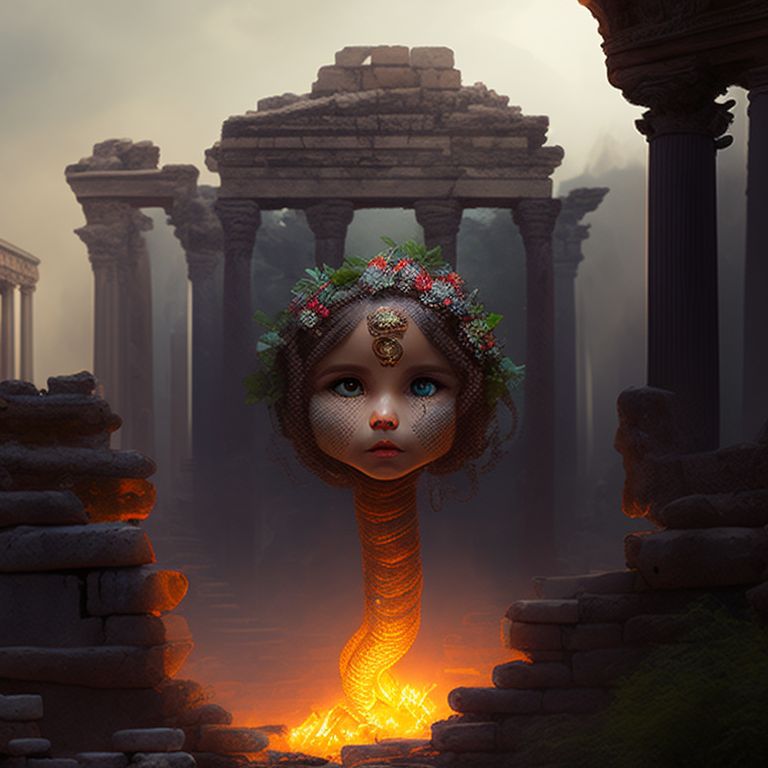 lined-ibis414: Medusa with a snake head full body lurking amidst the ruins  of an ancient temple.