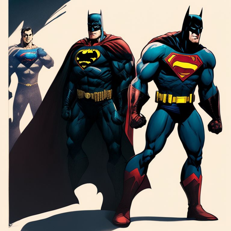 2D, Illustration, epic pose batman fusion with superman, full body fighting pose, with joket held a machine gun 
, Graphic novel, Neal Adams, Trending on Artstation, DC comics, 8k