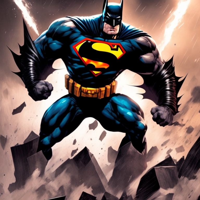 2D, Illustration, epic pose batman fusion with superman, full body fighting pose, with joket held a machine gun 
, Graphic novel, Neal Adams, Trending on Artstation, DC comics, 8k