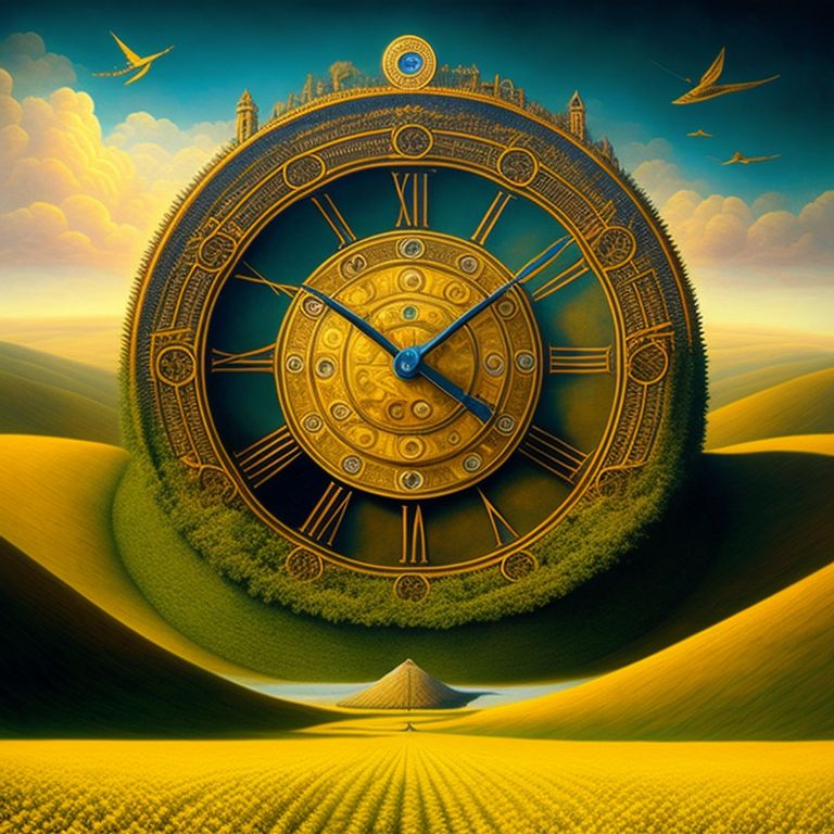 stillewillem: giant clock in golden wheat fields and hills
