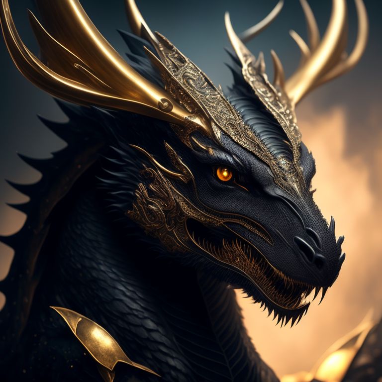 Voidraptor portrait of a black dragon with golden antlers and