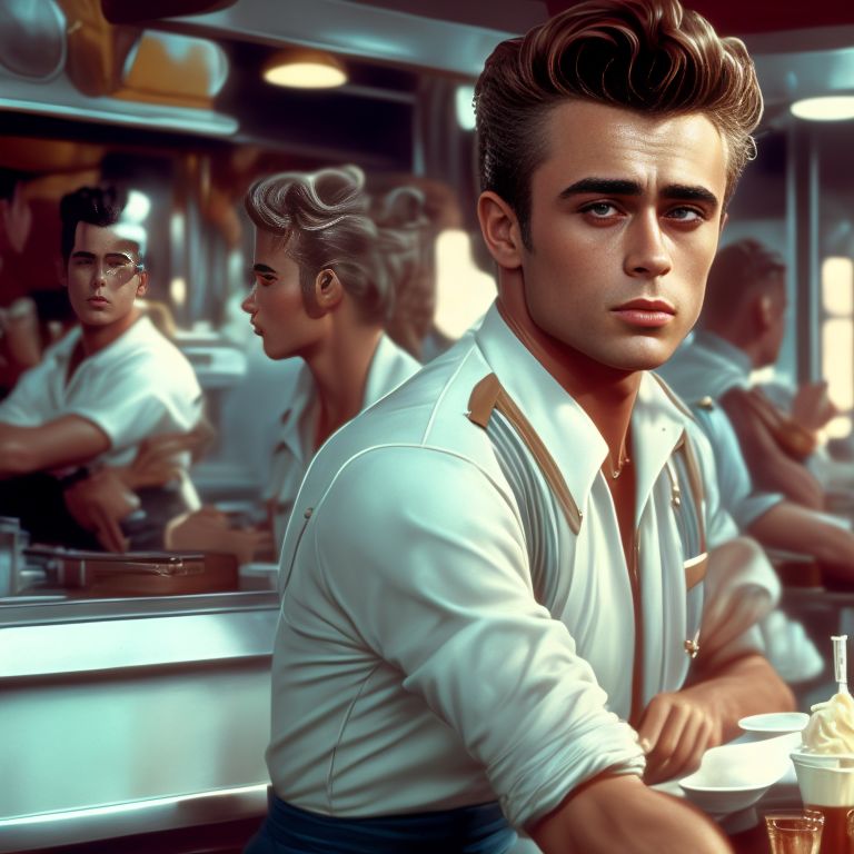 James Dean working at a diner in the 1950's, greaser fashion, Pastel colors, Detailed, 8k