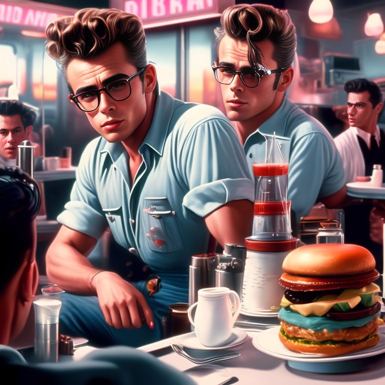 James Dean working at a diner in the 1950's, greaser fashion, Pastel colors, Detailed, 8k