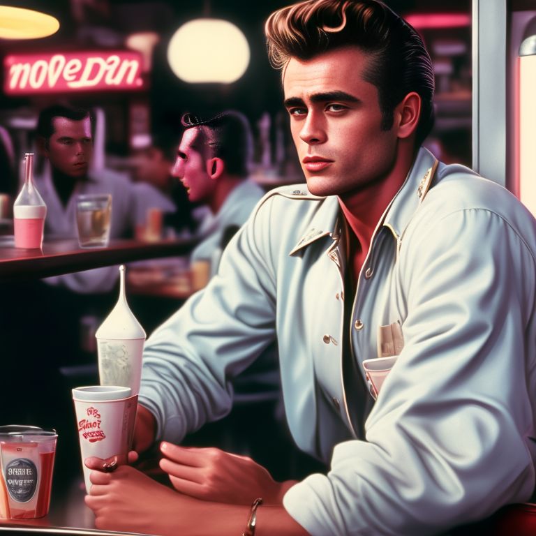 James Dean working at a diner in the 1950's, greaser fashion, Pastel colors, Detailed, 8k