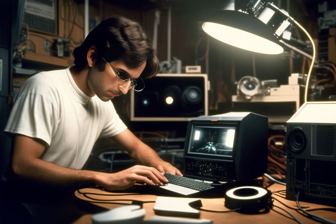addison: A young Steve Jobs building a Macintosh computer in a garage with  analog machinery, late at night, wearing a white t-shirt