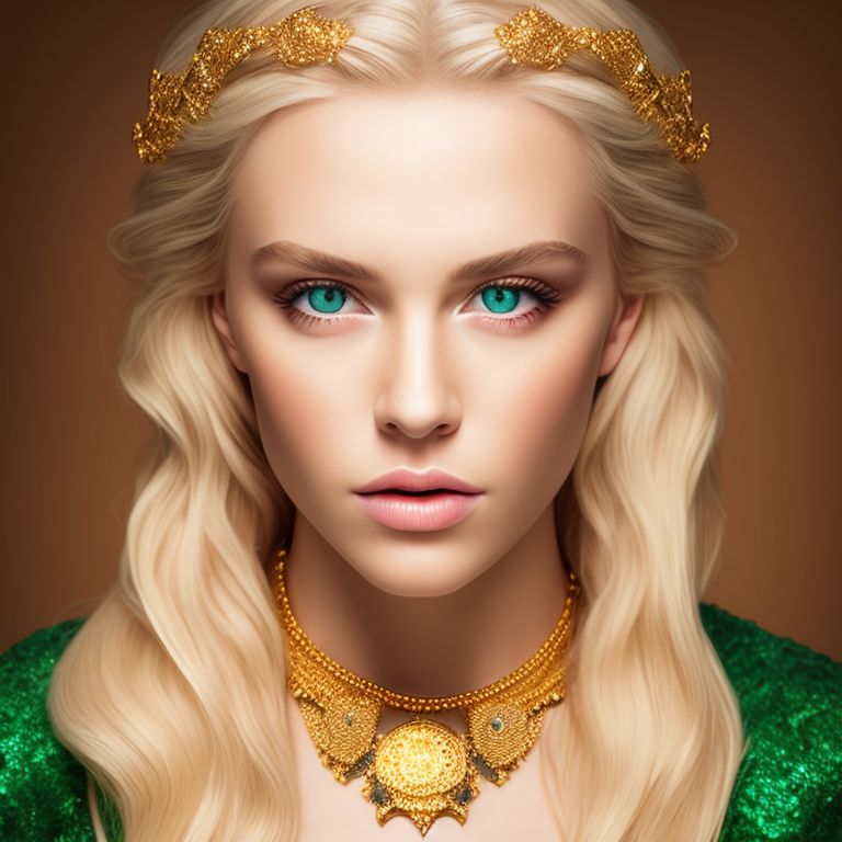beautiful blonde hair, green eyes queen with gold Accessories, Detailed, Film, Studio lighting, detailed iris, symmetrical circular eyes