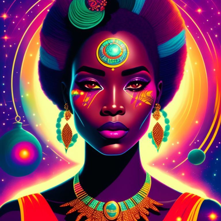  
80 years african  
woman in space
, colorful lights, fierce makeup, bold fashion statement, Portrait, Intricate, Vibrant, digital illustration by audrey kawasaki and victo ngai and kelly thompson and loish and kelsey beckett and krista huot and rachael caringella and alena lavdovskaya.