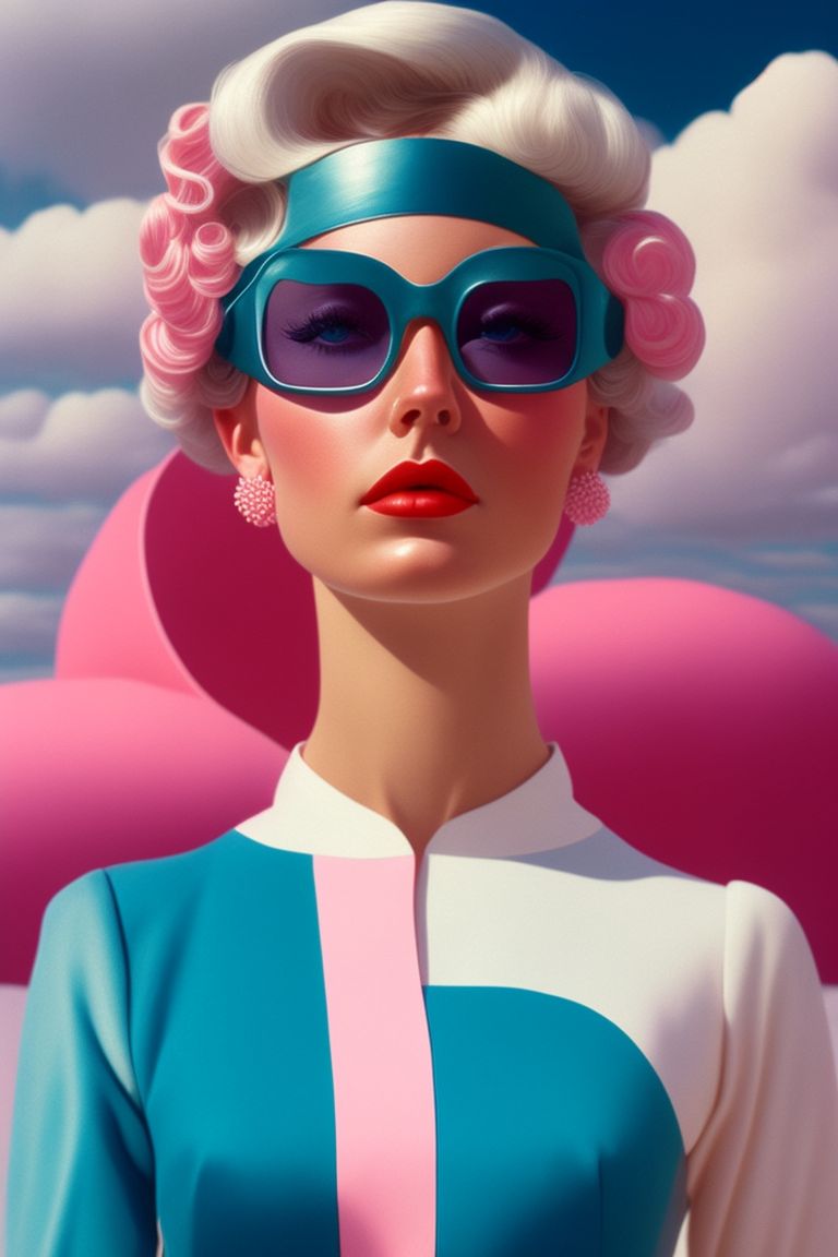 Vintage, Illustration, Surrealism, woman white short tousled hair freckles on the face tanned round glasses with pink lenses summer blue dress beach, Minimal and clean, Dark pastels, Maria Sibylla Merian, Rob Gonsalves, René Magritte, Flat color background, Silk screen, Vintage wallpaper
