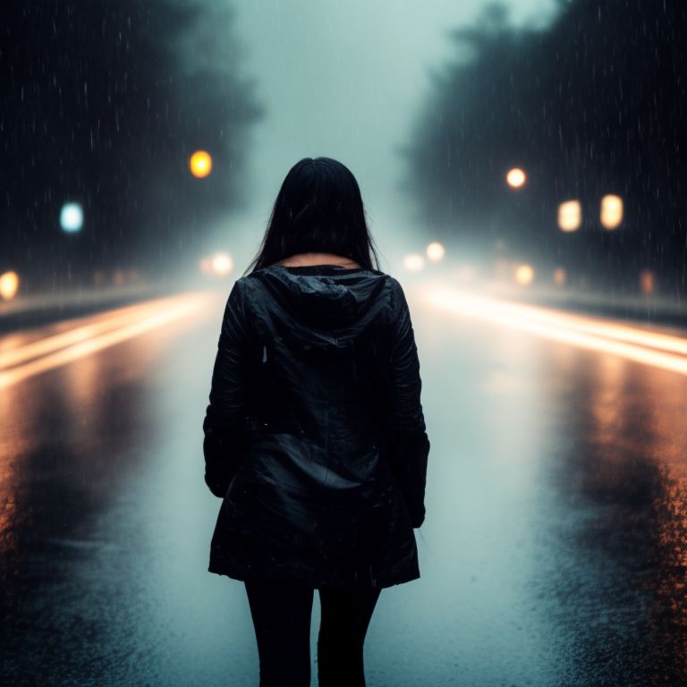 sad girl walking alone in the rain