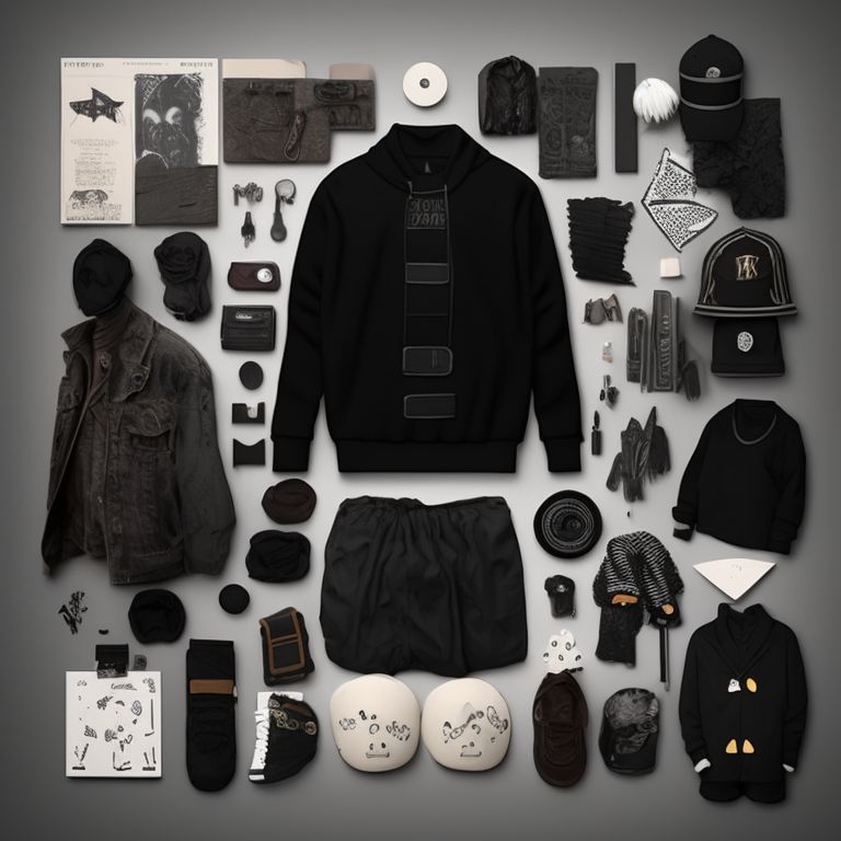 emo clothing, Costumes and props, Knolling, Knolling layout, Deconstruction, Highly detailed, Depth, Many parts, Lumen render, 8k