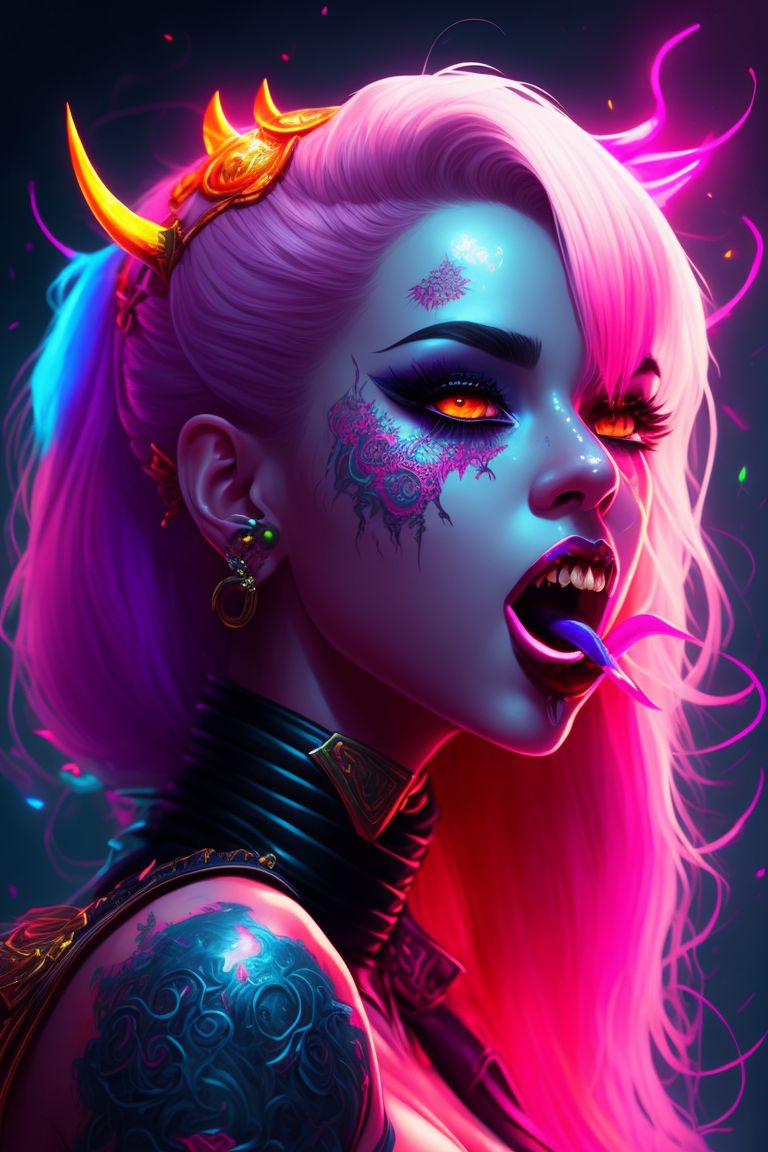 Scary sexy youth demon girl, licking her tongue at you, Bright, Vibrant colors, Highly detailed, Intricate, Smooth, Trending on Artstation, art by loish, Artgerm, and greg rutkowski.
