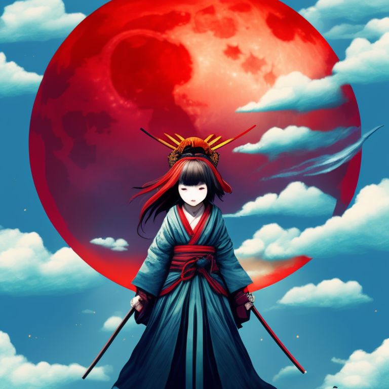 taut-bison407: There is a girl at the center. Above her was a samurai. To her right, there was a tornado. To left, there was blue sun and a red moon.
