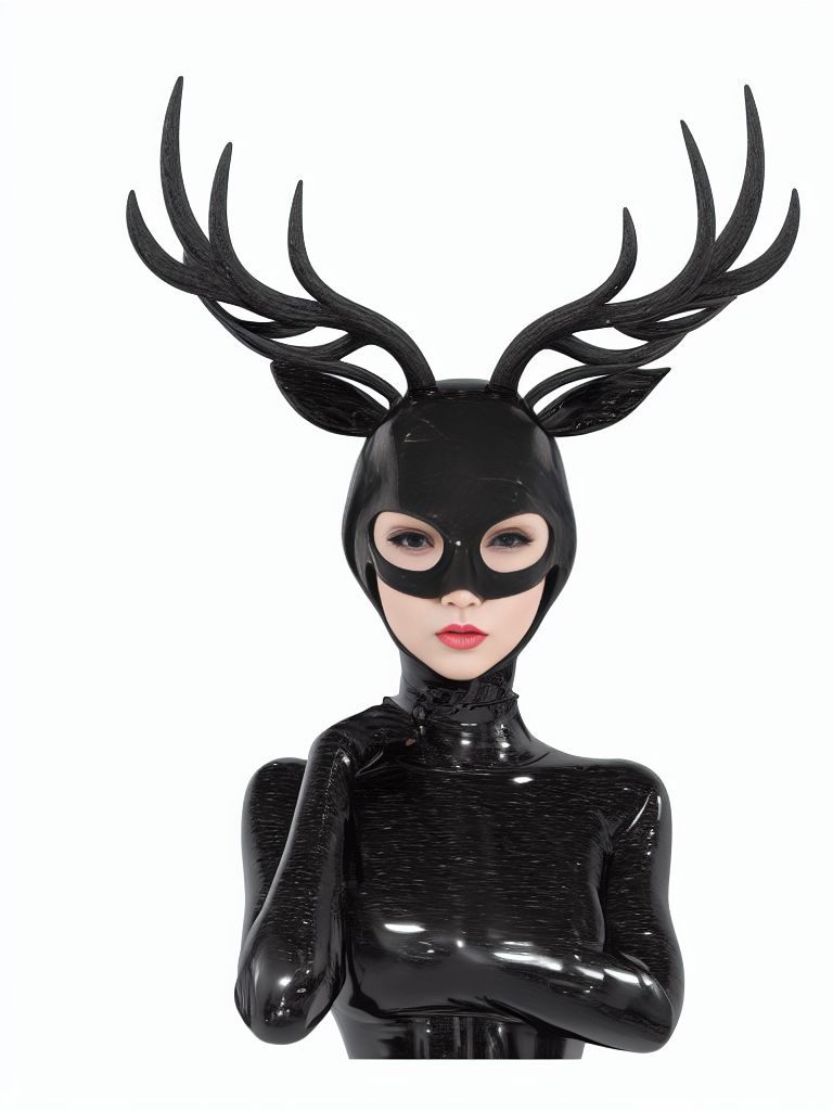 candid-newt48: portraid bald young adult woman facing camera full-body  black shiny latex leotard with big black antlers on her latex hood