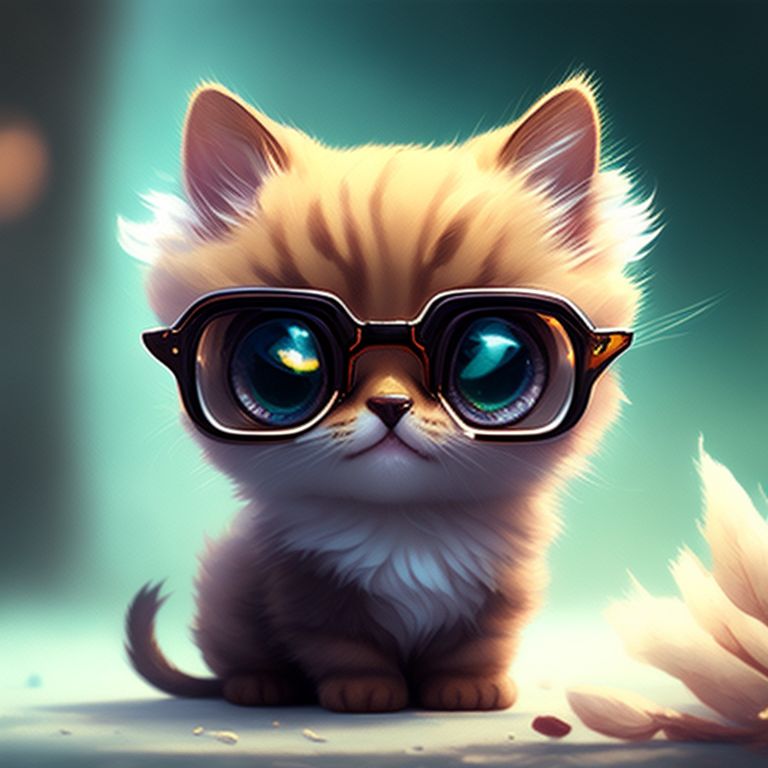 very cute tiny, cute baby cat with awesome eyeglasses, rim lighting, adorable big eyes, small, By greg rutkowski, chibi, Perfect lighting, Sharp focus