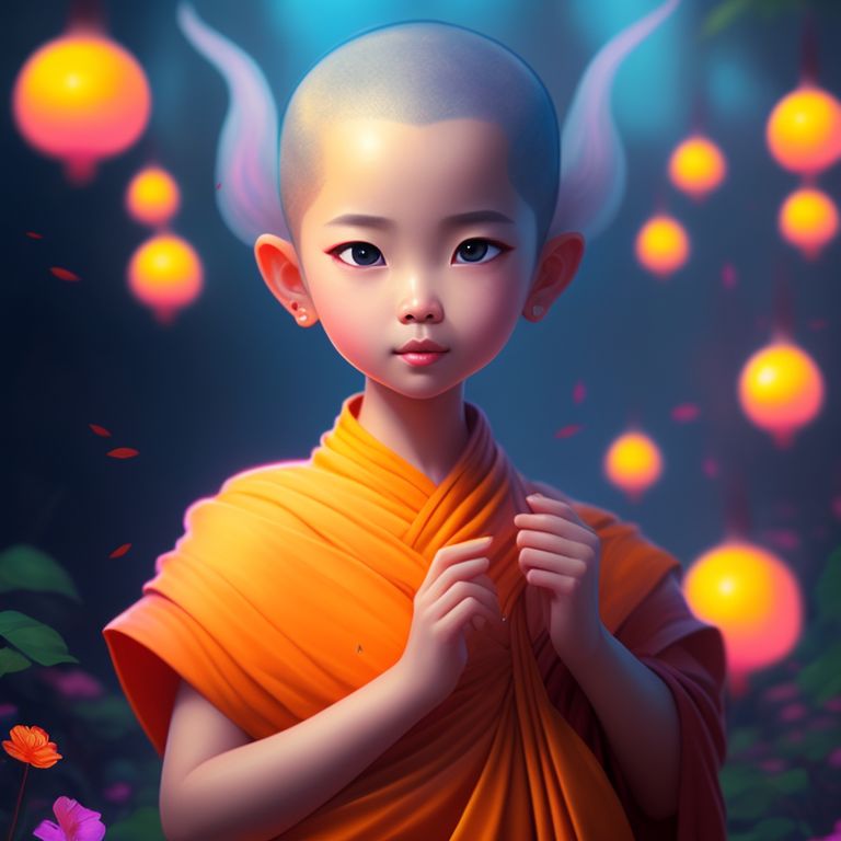 Buddhist cute monk in Wat Phra Dhammakaya and Orange Uniform Costume
, with glowing mushrooms and fireflies, Whimsical, dreamy, Pastel colors, low saturation, Soft Lighting, Concept art, Digital painting, by lorena martinez and lois van baarle and ross tran and rossdraws and samyang and samdoesarts and artgerm, Highly detailed, Intricate, trending on artstation.