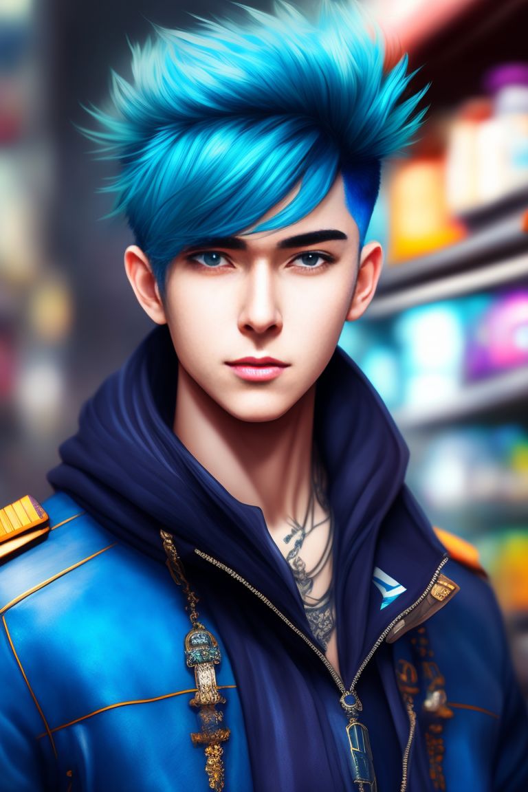 careful-wasp798: Stylish guy wearing street style clothes, blue hair, cool  hairstyle, age 21, anime solo in a convenience store