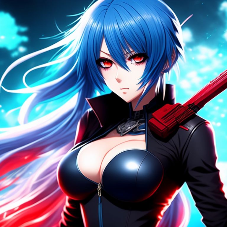 anime girl with blue hair and red eyes