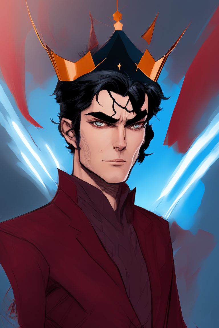 lame-gnat991: a guy with black hair and blue eyes wearing a maroon suit  with an evil snare and a floating crown above his head, concept art, 4k