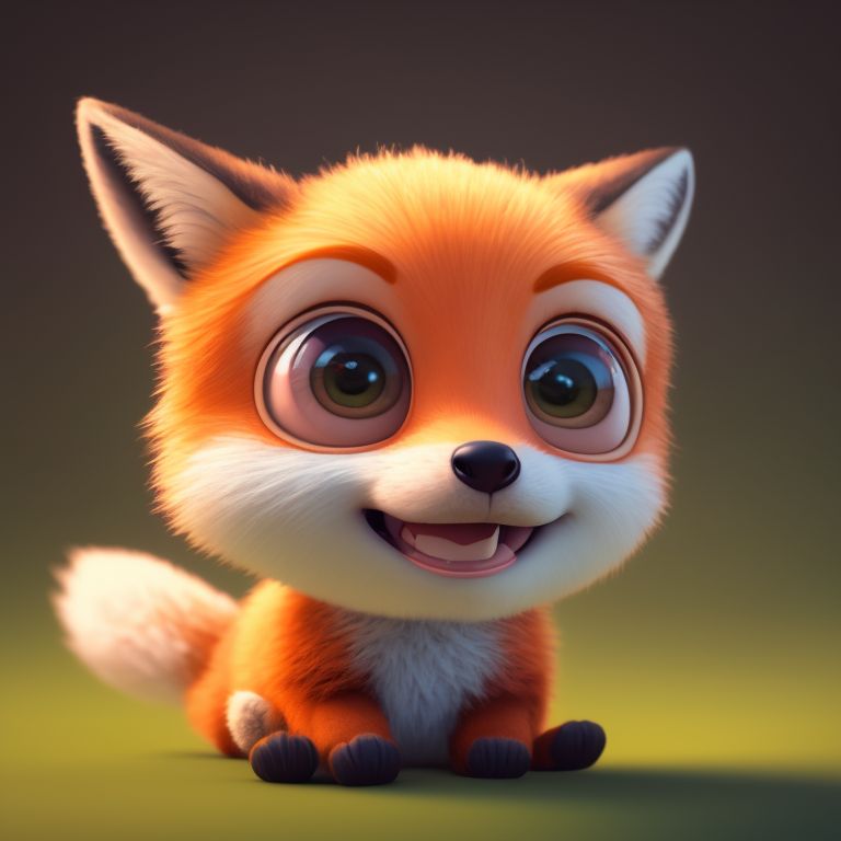 Super cute, Baby, Pixar, A fox, Big bright eyes, Fluffy, Smile, Delicate and fine, Fairy tales, Incredibly high detailed, Pixar style, Bright color palette, Natural light, Simple background with pure color, Octane render, Trending on Artstation, Gorgeous, Ultra wide angle, 8k, HD, Realistic
