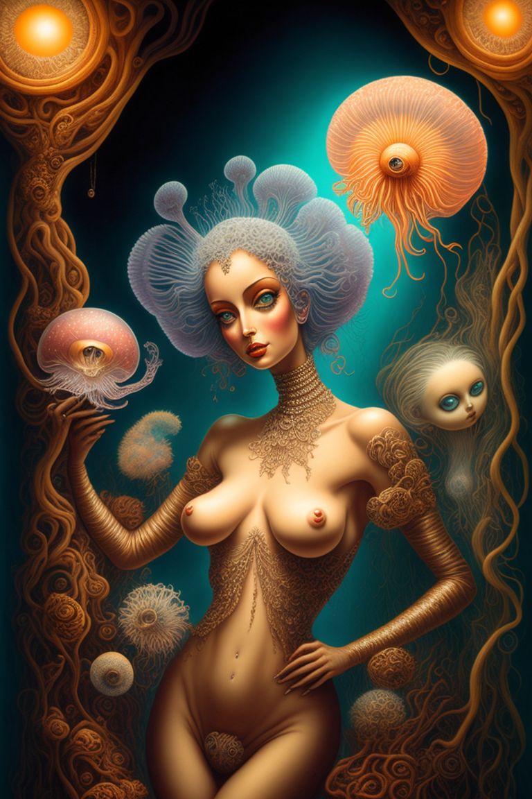 prykie: A whimsical distorted top shelf nude of perfect woman by Basil  Wolverton, Meghan Duncanson, Jennifer Lommers, nicoletta ceccoli, naoto  hattori, salvador dali, and by Daniel Merriam, naoto hattori, cinematic  lighting, crispy