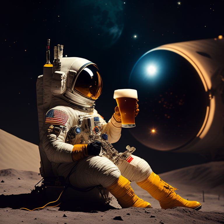 anthropomorphic, a sitting astronaut drinking beer on the moon.

, animal head on a person, serious, wearing elaborate military general uniform, Professional, Studio photo, Portrait, medium by Louis Daguerre