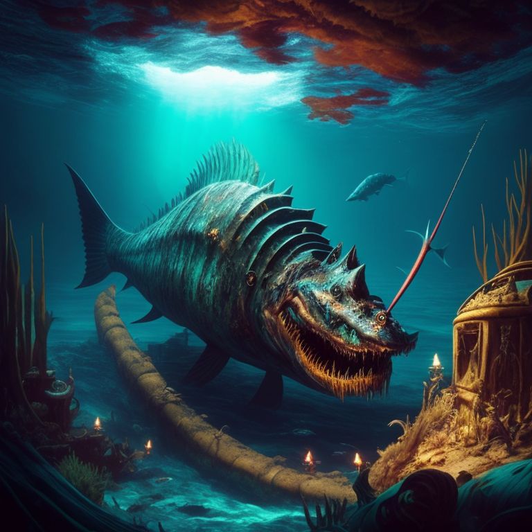 a hideous and evil mermaid like creature with sharp teeth and a fish tail swimming next to an abandoned pirate ship, full body view

