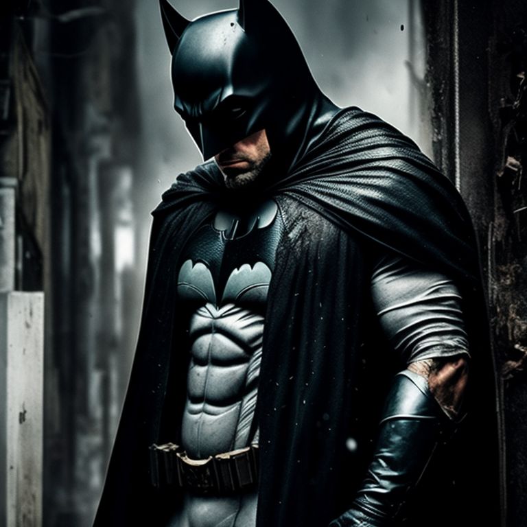 affleck batman, beat up, war torn, ripped clothes, sharp image, moody, sad, raining