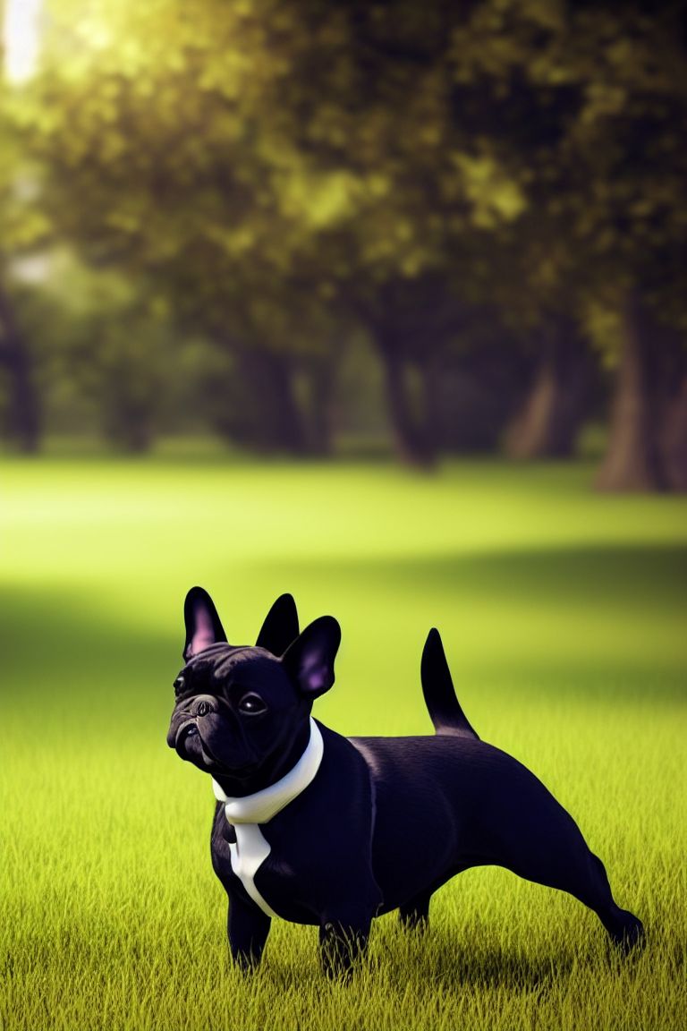 Illustration, Black French bulldog walking in the park, Breathtaking, 8k, Extremely detailed, Beautiful, artistic, Hyperrealistic, Octane render, Cinematic lighting, Dramatic Lighting, Masterpiece