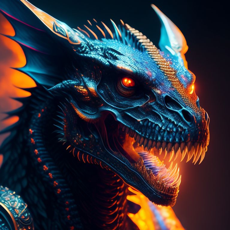 Voidraptor: portrait of a roaring neon skeleton dragon with