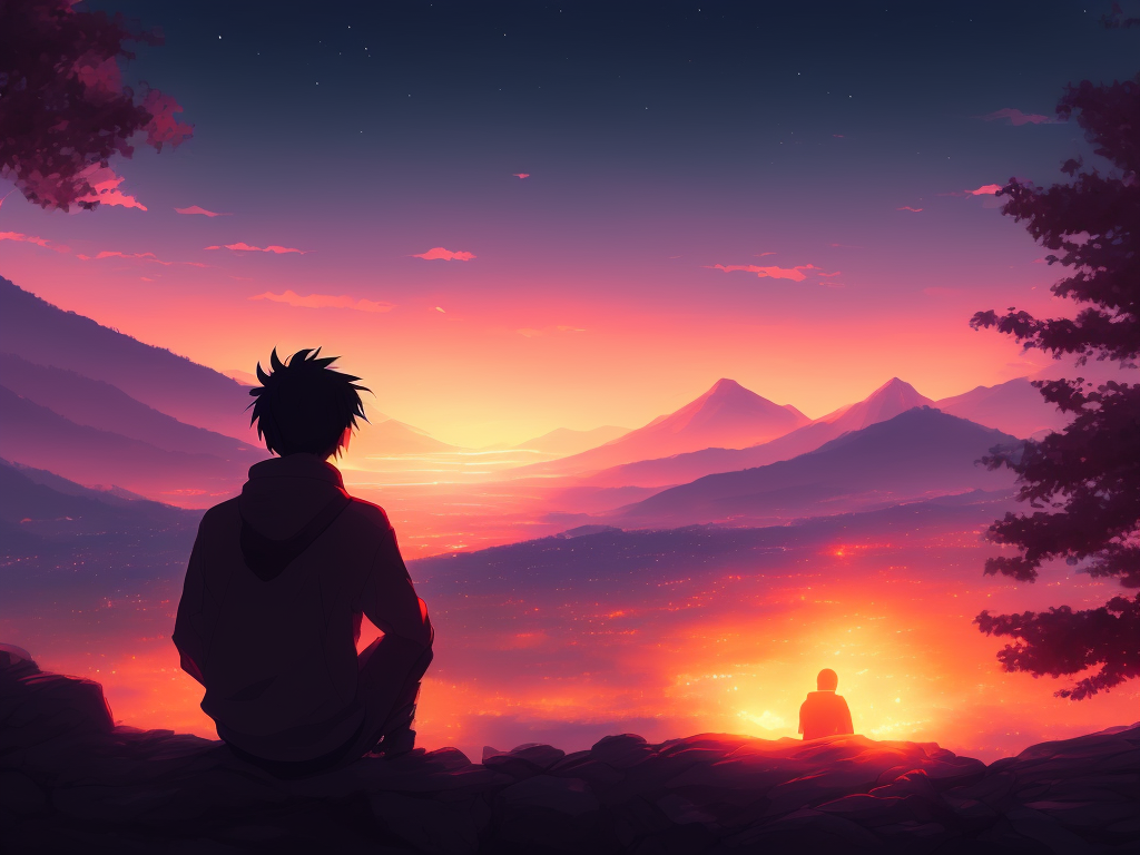 dead-seal56: beautiful anime painting of back of a man from a far with dark  hair, sitting on a firecamp, nighttime, by makoto shinkai, kimi no na wa,  artstation, atmospheric, high detail, landscape