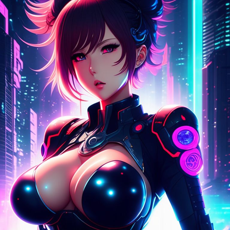 Sexy Anime girl with Big Boobs Wearing Mind Control Device, her ample breasts spilling out of a barely-there outfit, the image is highly detailed, with smooth, vivid colors and intricate linework, the focus is sharp, drawing the viewer's eye towards the girl's sensual curves. created using stable diffusion, this digital art piece pays homage to classic anime styles while also incorporating modern trends., featuring neon lighting, a futuristic cityscape in the background, highly detailed mechas, and created in the style of art by kuvshinov ilya and artgerm.