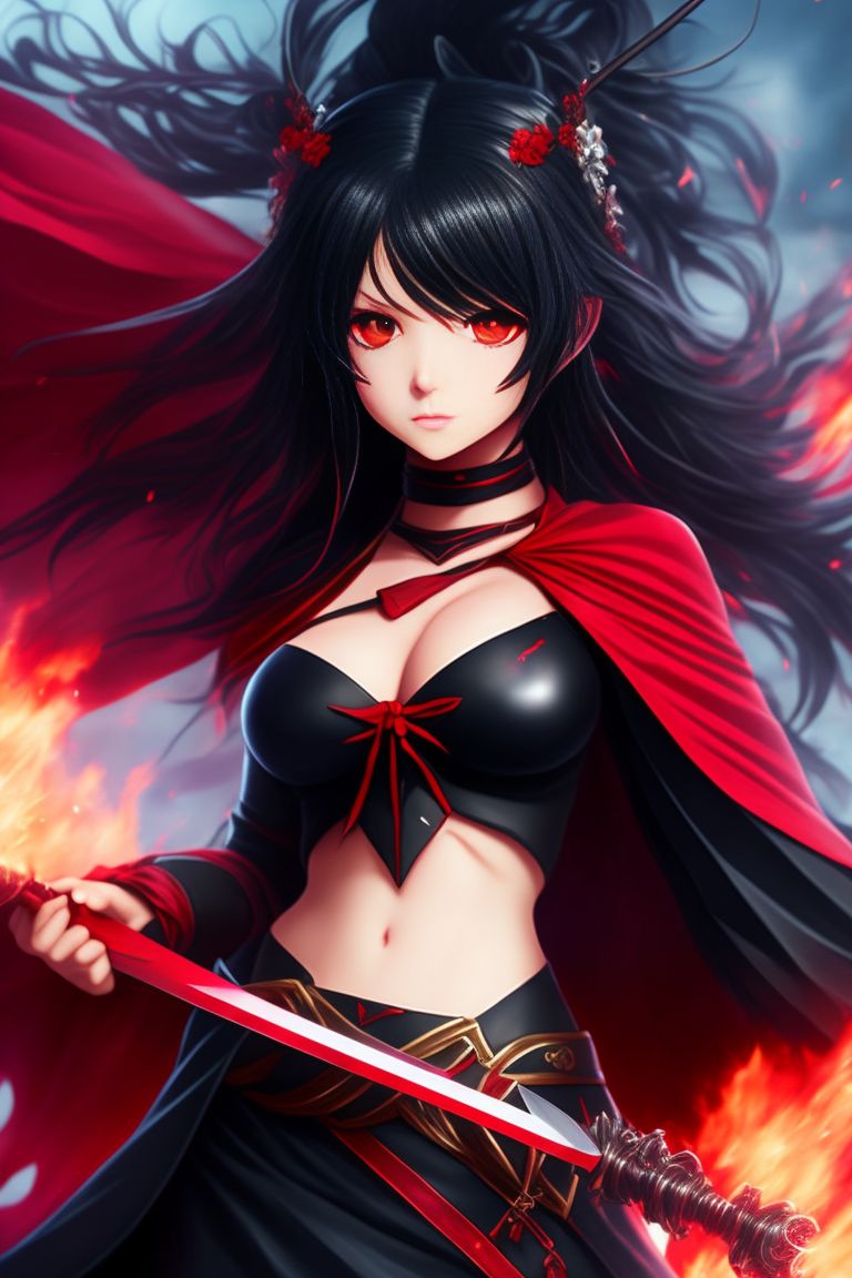 anime girl with black hair and black eyes and sword