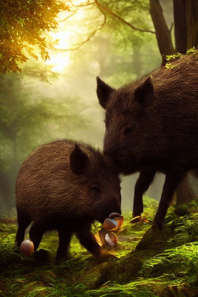 Forked-mole423: A Wild Boar Digs Acorns In The Forest